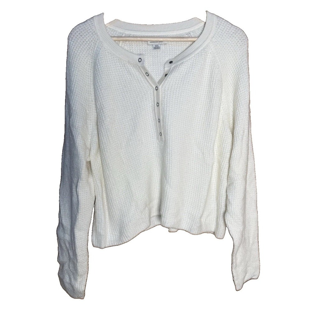 American Eagle Henley Waffle Knit Sweater Long Sleeve Chunky Ivory Medium EUC